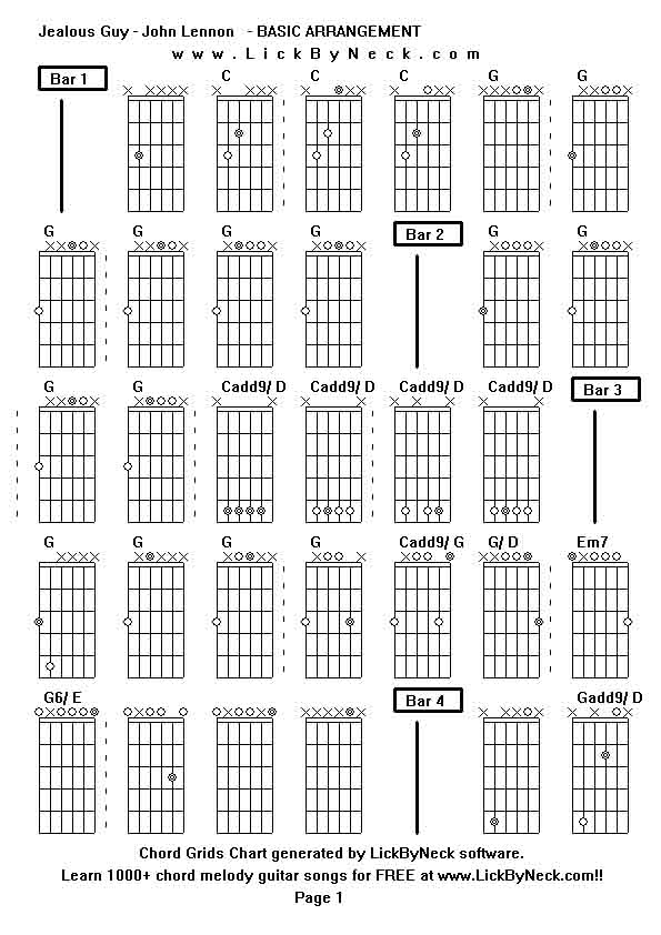 Chord Grids Chart of chord melody fingerstyle guitar song-Jealous Guy - John Lennon   - BASIC ARRANGEMENT,generated by LickByNeck software.